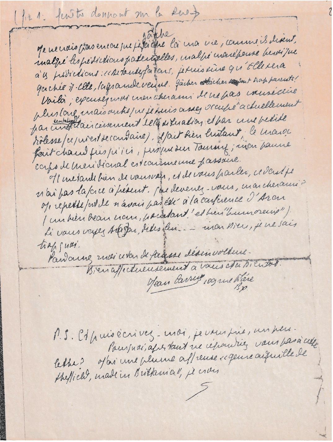Lettre de Jean Carrive à André Breton, 16 juin 1925, verso.