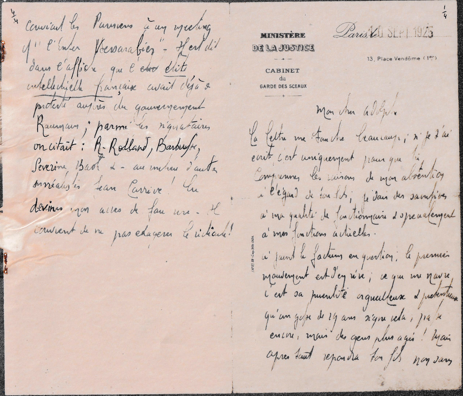 Lettre de Félix Carrive à Adolphe Carrive, 10 septembre 1925, recto