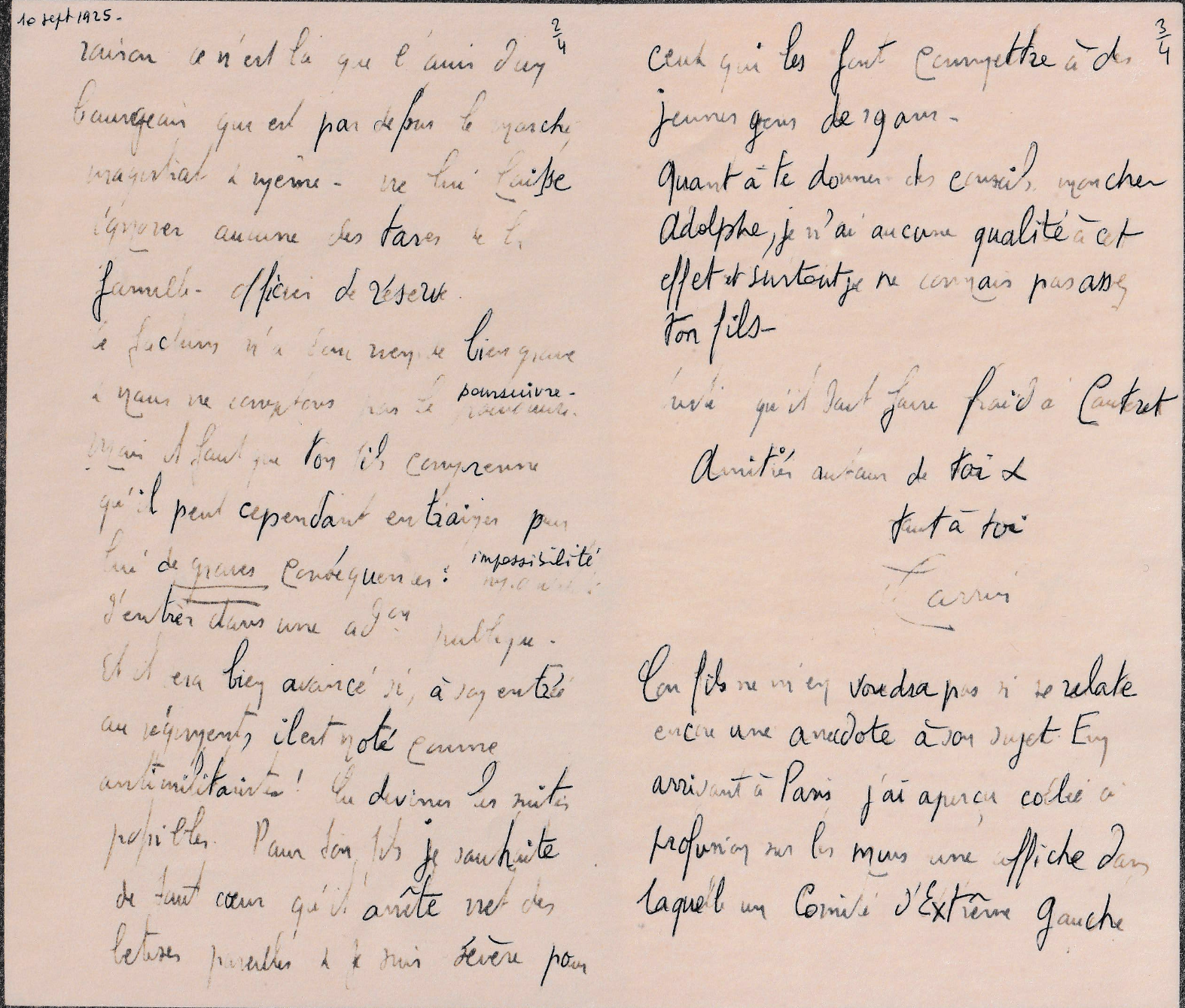 Lettre de Felix Carrive à Adlophe Carrive, 10 septembre 1925, verso.