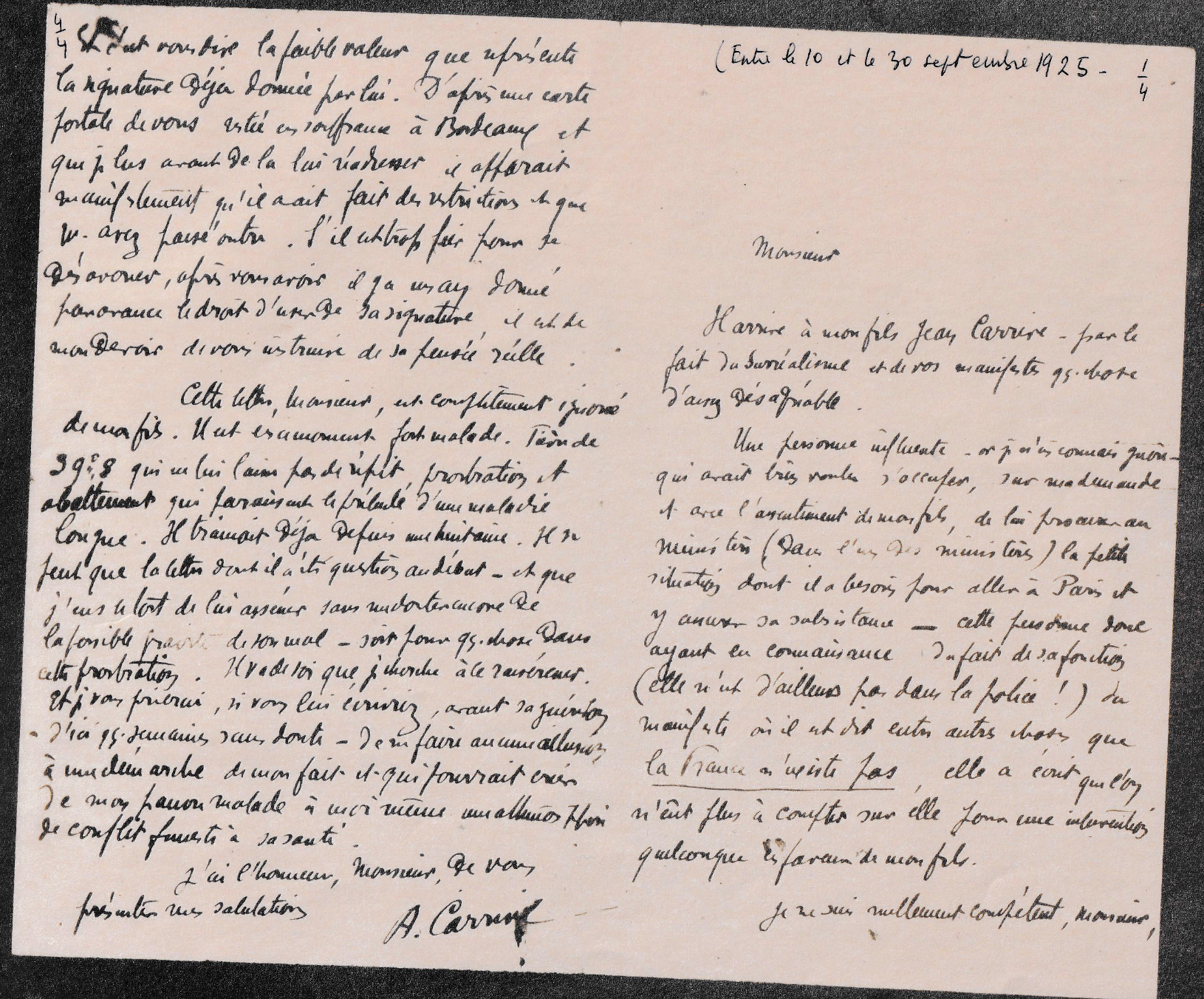 Lettre d'Adolphe Carrive à André Breton, septembre 1925, recto