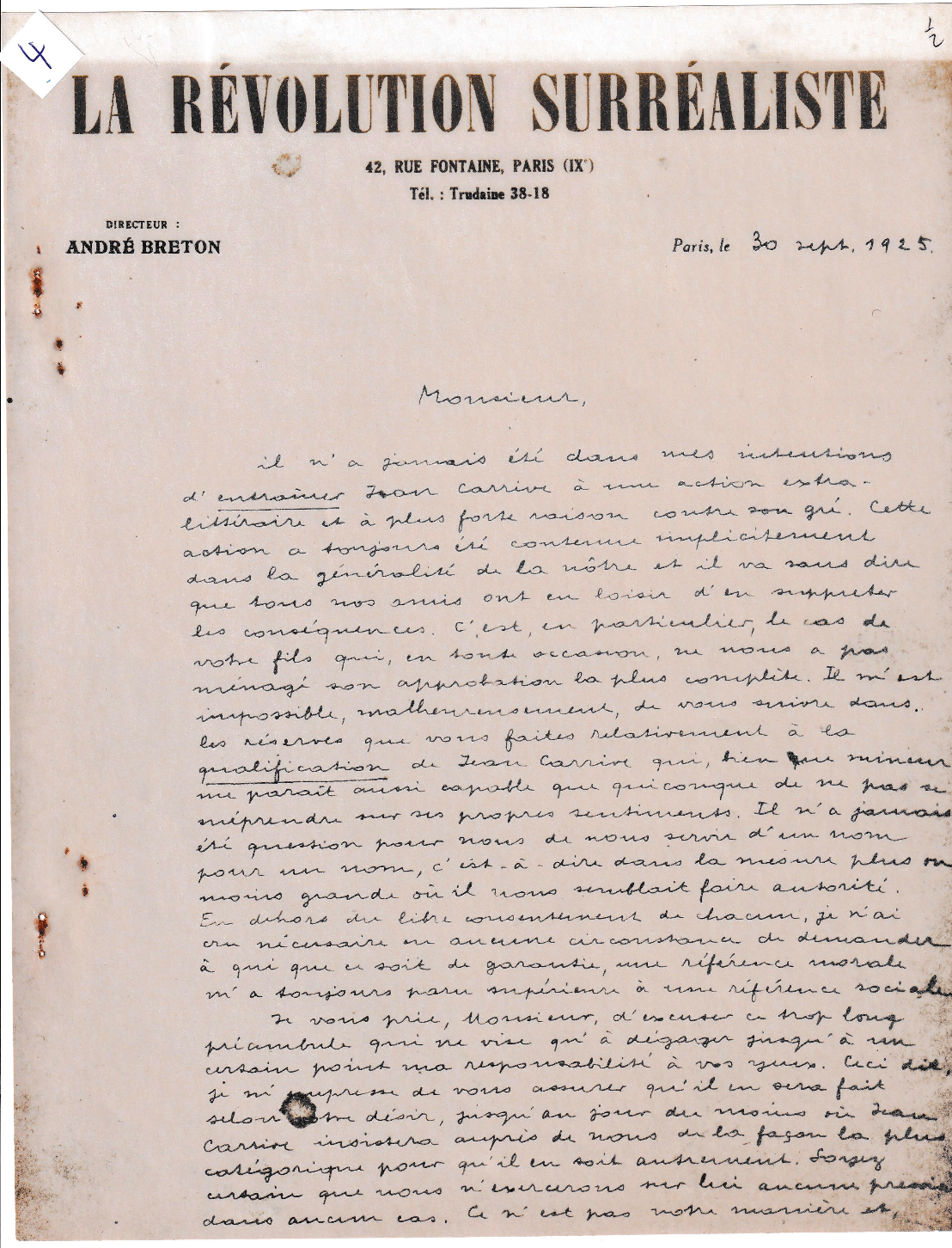 Lettre d'André Breton à Adolphe Carrive, 30 septembre 1925, recto.