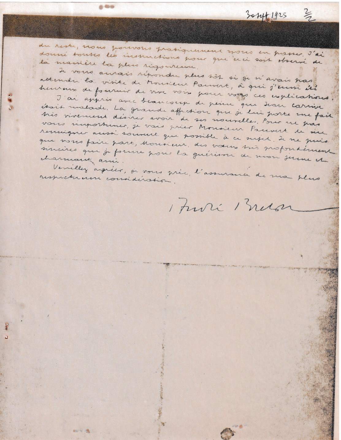 Lettre d'André Breton à Adolphe Carrive, 30 septembre 1925, verso.